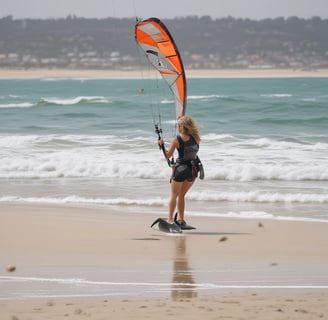 A person is engaged in kitesurfing, performing a dynamic maneuver above the waves with spray flying through the air. The silhouette is captured against the backdrop of the ocean, highlighting the movement and energy of the sport.