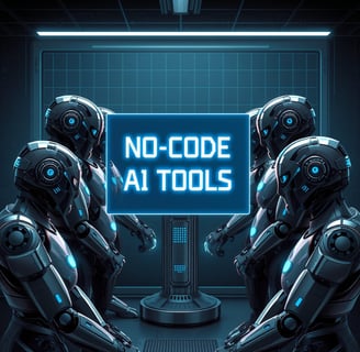 team of robots with a text backgroud as no code AI tools