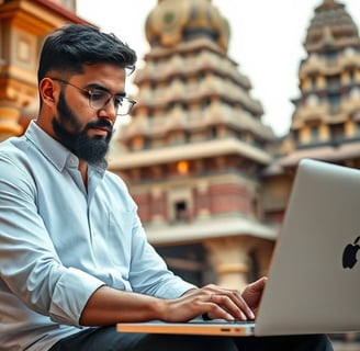 a digital marketer working in a apple laptop where background is a temple