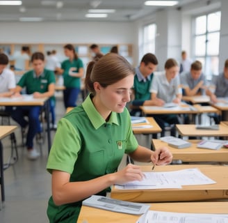 A hand holding a white face mask near a stand displaying brochures. The brochures have some text in German related to relaxation. The person is wearing a dark shirt and light-colored pants.