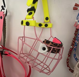 Bild von einem buntem Maulkorb der an der Wand hängt