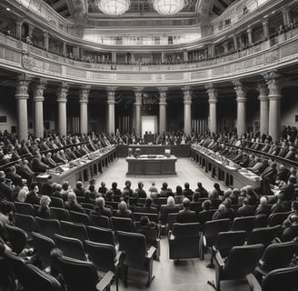 A person wearing glasses and a suit is speaking into a microphone while holding a gavel in one hand. Papers are scattered on the table in front of them, and a drum set is visible in the background.