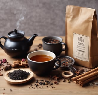An assortment of spices including cinnamon sticks, ground spices, and various peppercorns is arranged on a white textured surface. A decorative golden spoon is also present among the spices.