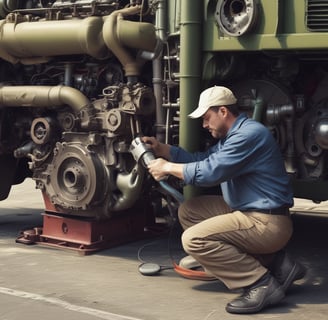 A mechanic wearing a red shirt and working gloves is crouched down, focusing on repairing a car part, likely a transmission. The scene takes place in a garage with multiple cars parked, including a maroon car in the center and a silver car on the right.
