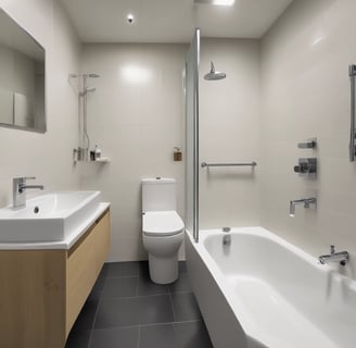A contemporary kitchen interior featuring minimalist design with clean lines. The cabinets are sleek and matte in finish, predominantly white with a hint of gray. A black faucet is installed on the countertop, which is made of a light-colored marble material. A modern water filter unit is mounted on the wall above the counter. The overall lighting is bright, providing a spacious and airy feel.