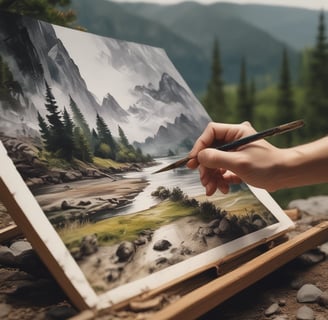 A person is painting with watercolors on a piece of paper. Various painting supplies are visible, including a palette with multiple watercolor paints, paintbrushes, and cups filled with water. The table is covered with a floral-patterned cloth.