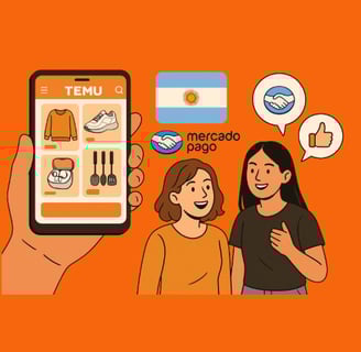 Ilustración. unas amigas están hablando cosas positivas de Temu y Mercado Pago. Temu y argentina.