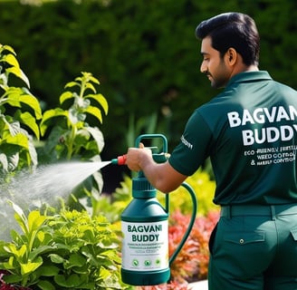 Gardener applying eco-friendly solutions to promote plant growth and prevent future weeds.