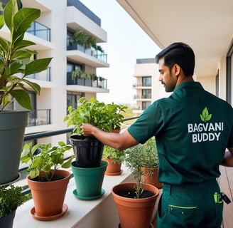 Gardener inspecting plant health, soil, and light conditions for a customized maintenance plan.