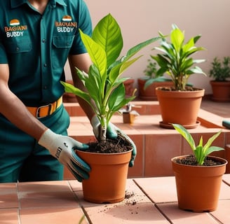 Gardener carefully handling plants to prevent damage during re-potting.