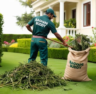 Gardener cleaning up debris and clippings after hedge cutting.