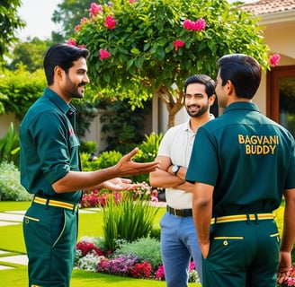 Gardeners and homeowner, discussing garden care tips after the visit.