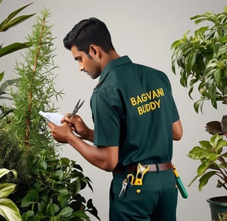 Gardener assessing plants to plan effective trimming and pruning for health.