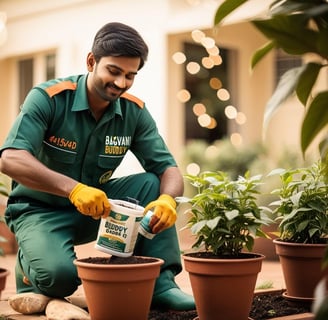 Gardener applying fertilizer to a potted plant for better growth and health.