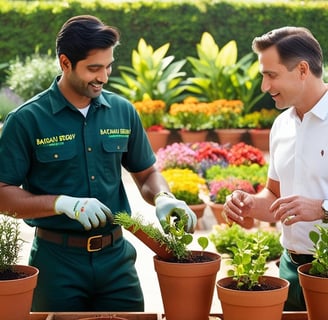 Gardener positioning pots according to preferences and offering plant care tips.