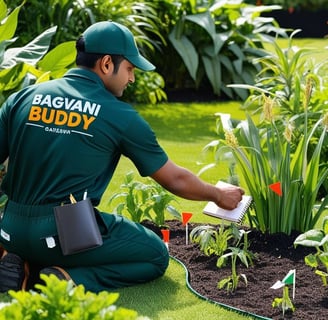 Gardener inspecting the garden to identify and prioritize weed-affected areas