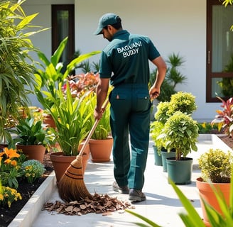 Gardener performing general garden cleaning and maintaining indoor plants in a well-kept garden spac