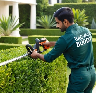 Gardener providing affordable and precise hedge cutting services in a well-maintained garden.