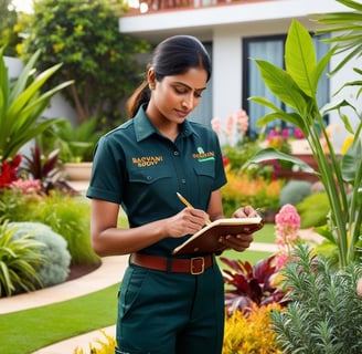 Gardener assessing plants and garden to create a personalized care plan.