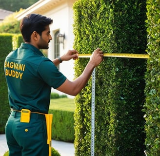 Gardener measuring hedges to determine size and shape for cutting.