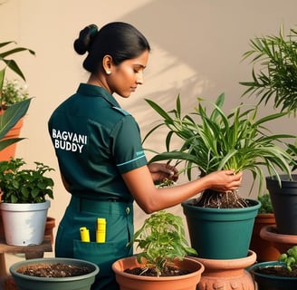 Gardener assessing pots and plants for re-potting or shifting.