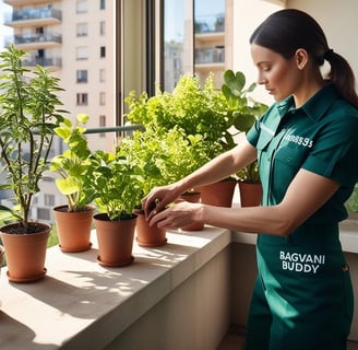 Gardener adjusting plant placement and rotating pots for optimal growth.