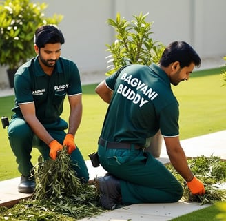 Gardener tidying up after pruning and topiary, leaving a spotless garden.