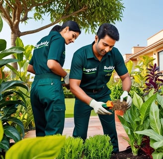 Two gardeners inspecting plants for pests or diseases and applying treatments.