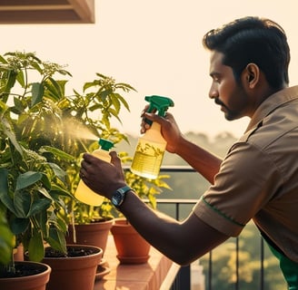 Gardener inspecting plants for pests or diseases and applying natural solutions.