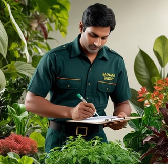 Gardener conducting plant assessment in the garden, taking notes for fertilizing plan.