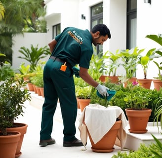 Gardener carefully maintaining and caring for plants while cleaning the garden.