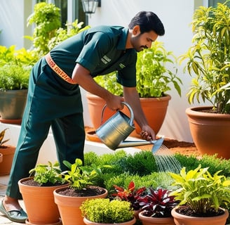 Gardener performing general plant maintenance in a home garden.