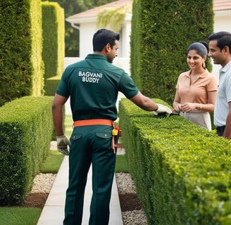 Gardener reviewing hedge cutting work with the client for satisfaction.