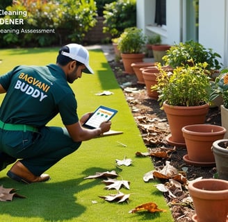 A gardener performing a pre-cleaning assessment on a tablet for garden cleaning.