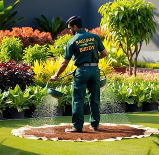 Gardener applying fertilizer evenly to plants for optimal growth and absorption.