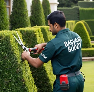 Gardener using specialized tools to trim hedges with precision.