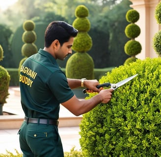 Gardener expertly trimming and shaping plants for clean lines and stunning aesthetics.