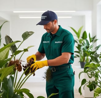 Gardener removing dead leaves and cleaning plants to promote healthy growth.