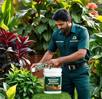 Gardener using high-quality fertilizers and medicines to enhance plant growth and prevent stress.