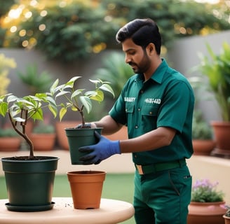 Gardener carefully re-potting and shifting plants with attention to detail.