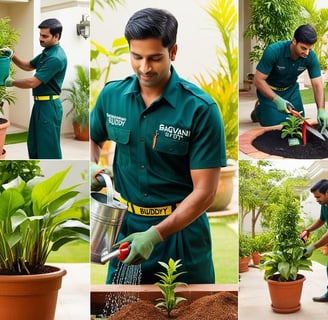 Gardener performing tasks like watering, pruning, and pest checks to ensure plant health.