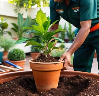 Gardener re-potting plants or shifting them carefully within the same floor.