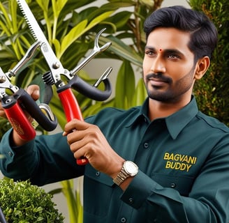 Gardener using professional tools for precise pruning and topiary.