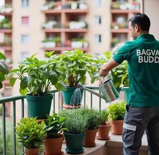 Gardener following a tailored schedule with self-watering systems for plant care.