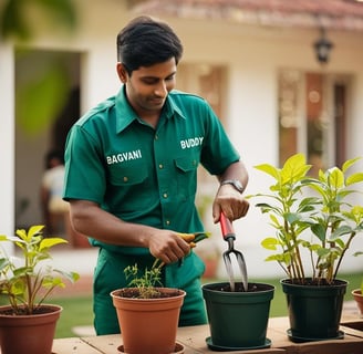 Gardener performing weed management in pots and plants of a home garden.