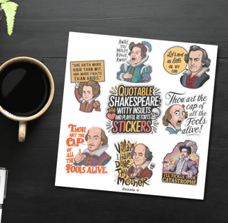 Funny Shakespeare insult stickers featuring witty quotes, perfect for literature lovers and teachers