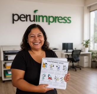 Calendario de escritorio personalizado 2026 con logo de empresa en oficina moderna de Lima, Perú