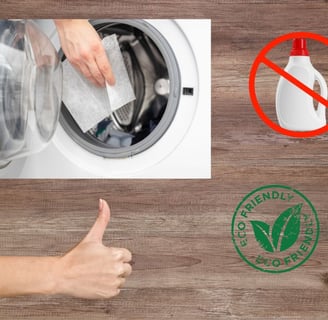 Eco-friendly symbol, high efficiency washer, dissolvable laundry detergent sheet thumbs up
