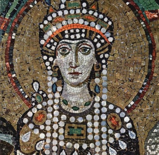 Detail of a 6th-century mosaic of Empress Theodora (r. 527–548) in San Vitale, Ravenna. Theodora and