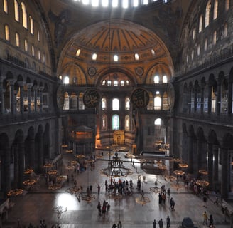 Interior of Hagia Sophia, Constantinople (modern Istanbul). This 6th-century church, rebuilt by Jus